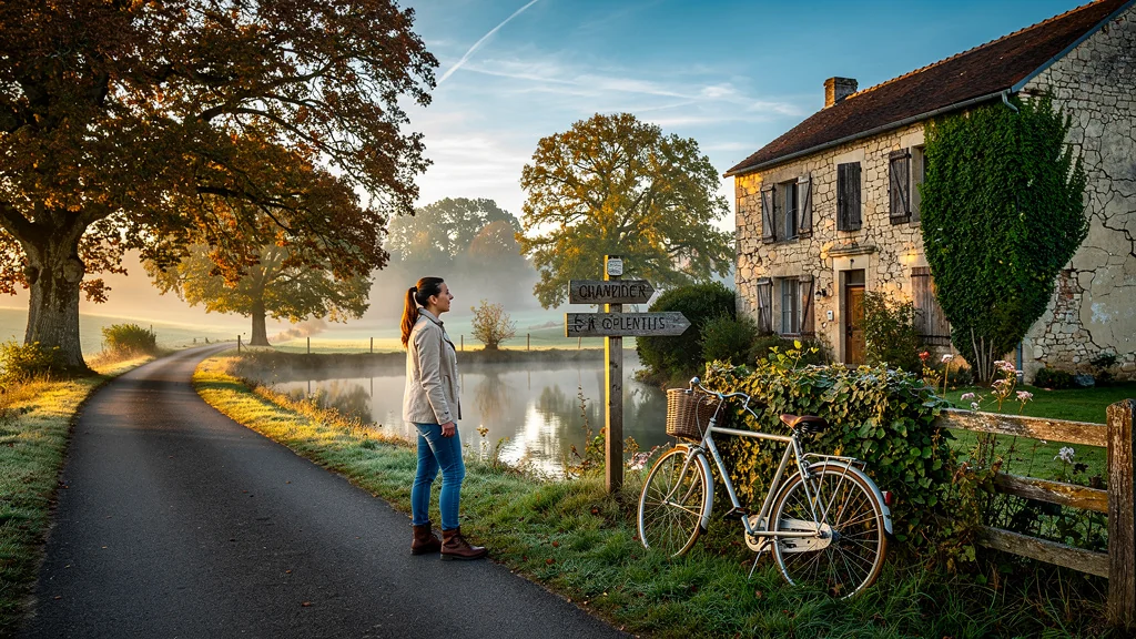 Paysage automnal hyperréaliste en Puisaye avec maison en pierre et femme découvrant la campagne en week-end