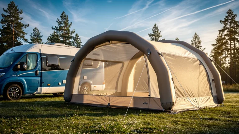 Auvent gonflable moderne installé près d’un camping-car sur un terrain de camping ensoleillé
