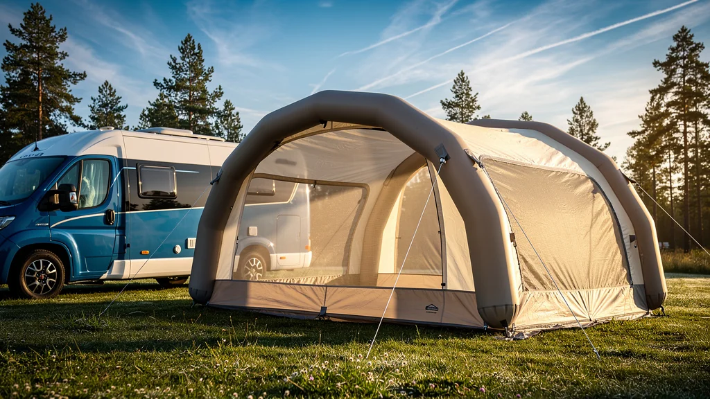 Auvent gonflable moderne installé près d’un camping-car sur un terrain de camping ensoleillé