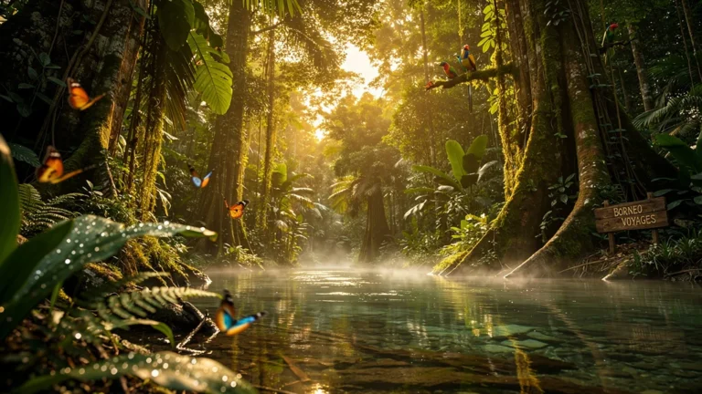Paysage hyper-réaliste d’une forêt tropicale de Bornéo au coucher de soleil, voyage et nature sauvage