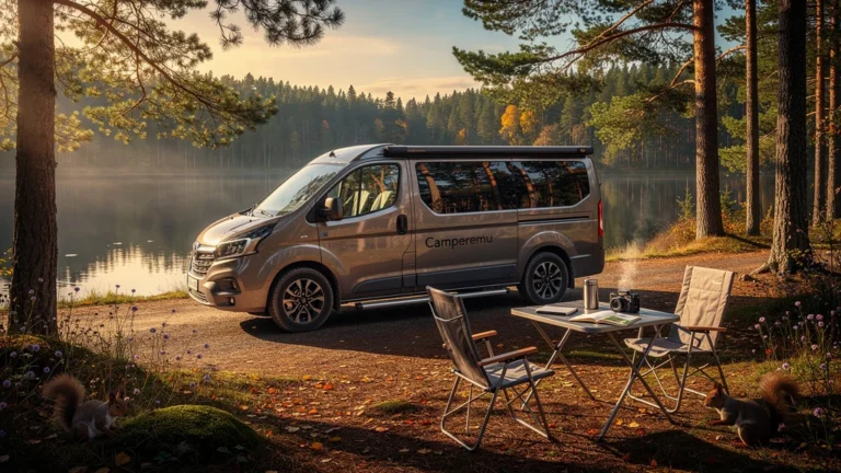 Paysage réaliste d’un camping Camperemu au coucher du soleil, ambiance nature et aventure en plein air