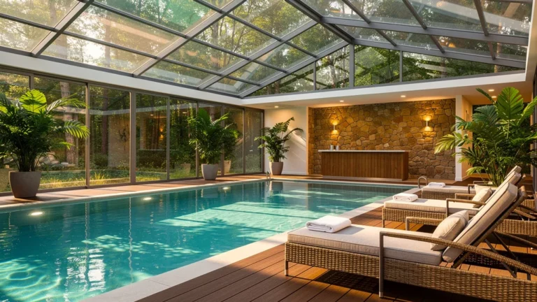 Piscine couverte moderne dans un camping avec eau cristalline et ambiance calme et lumineuse