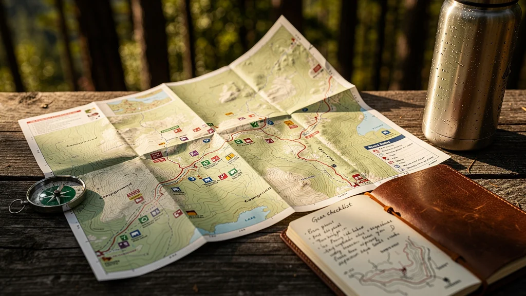 Carte camping détaillée posée sur une table en bois avec boussole et carnet en forêt, préparation voyage nature
