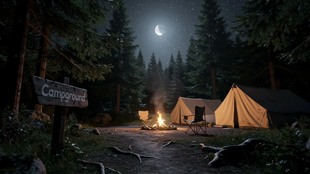 Arrivée de nuit sur un camping inconnu, ambiance calme et mystérieuse au cœur de la forêt