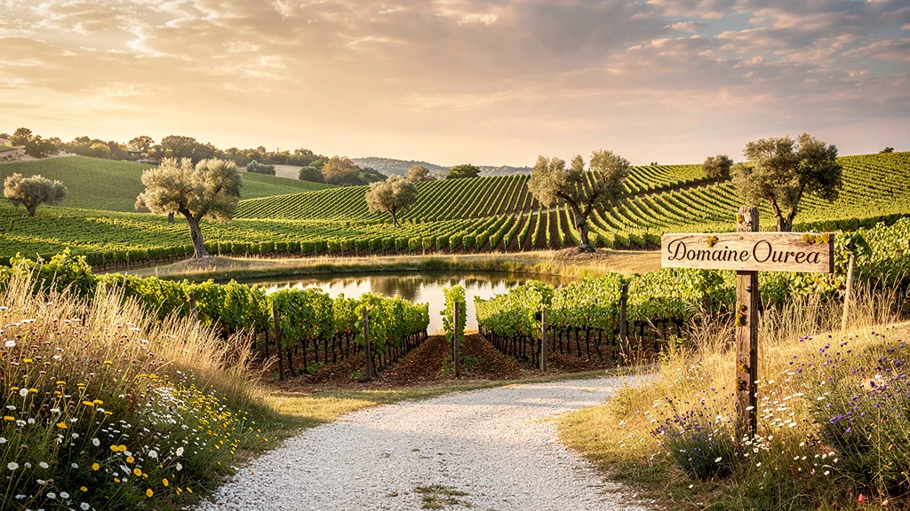 Vue panoramique hyper-réaliste du domaine Ourea avec vignoble luxuriant au coucher du soleil