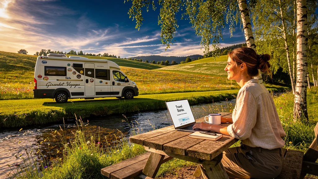 Paysage camping lumineux et nature paisible avec une jeune femme découvrant Girardot Voyages