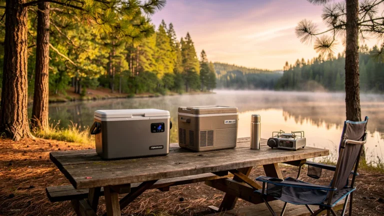 Camping avec glacière électrique et glacière à absorption en test lors d'un week-end en plein air