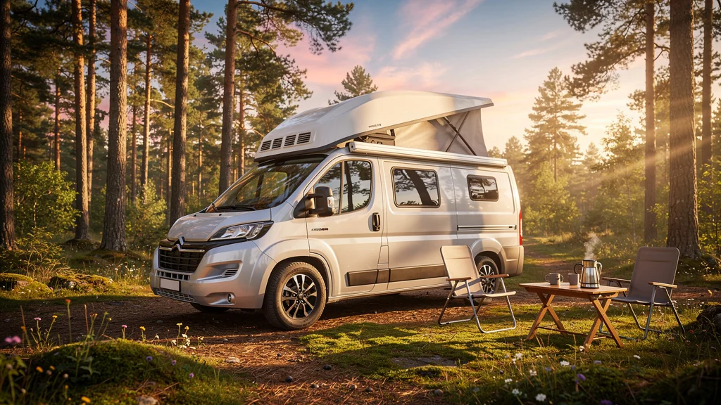 Haut vent pour camping car moderne en forêt au coucher du soleil, mise en avant avant achat