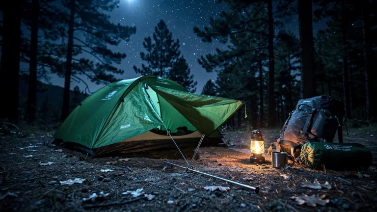 Tente abîmée la nuit dans une forêt, sardine arrachée, ambiance camping sous ciel étoilé