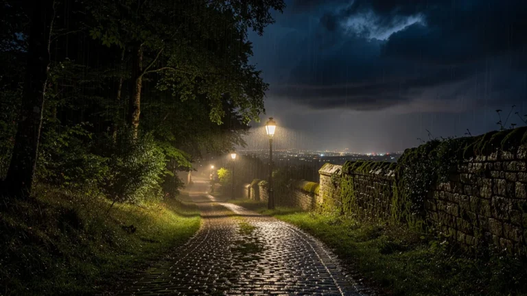 Nuit pluvieuse dans l'Yonne avec route mouillée et ambiance contemplative, illustrant la manie de la prépa
