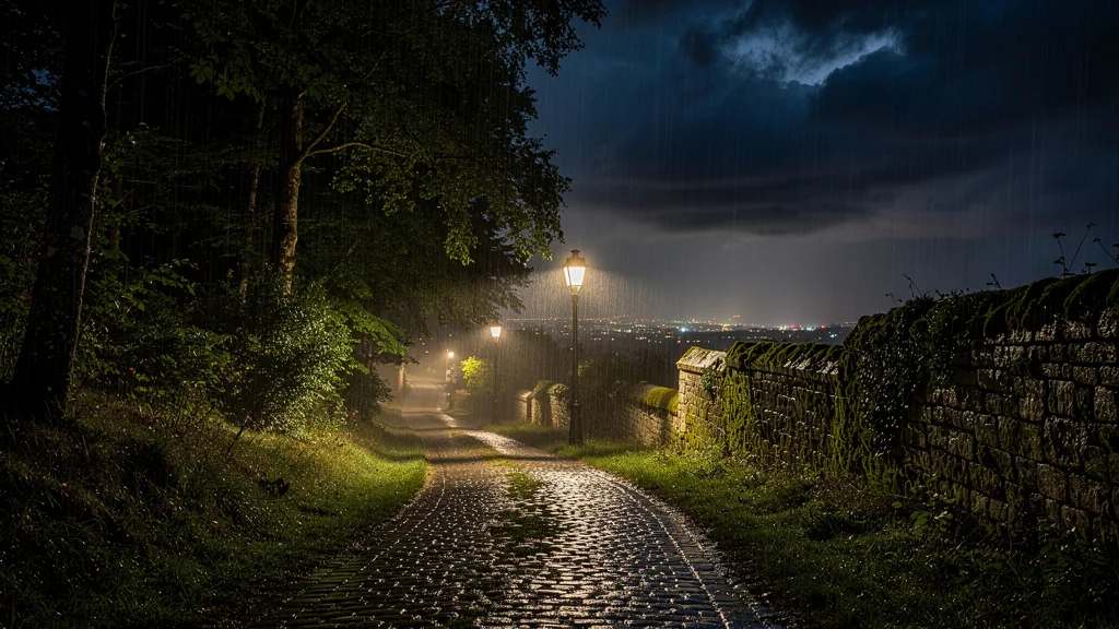 Nuit pluvieuse dans l'Yonne avec route mouillée et ambiance contemplative, illustrant la manie de la prépa
