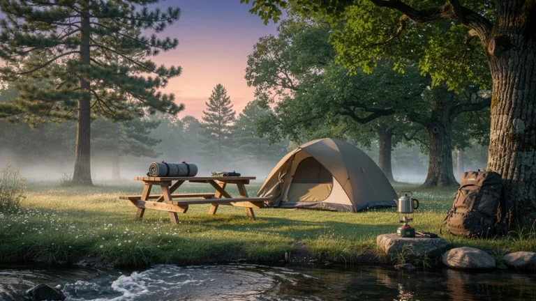 Camping municipal paisible au lever du jour, offrant calme et bon rapport qualité-prix en pleine nature