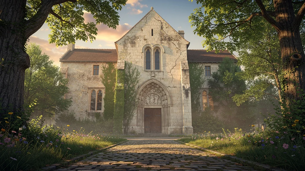 Vue hyper-réaliste du prieuré de Vernelle au coucher du soleil, entouré de verdure paisible et ancienne pierre