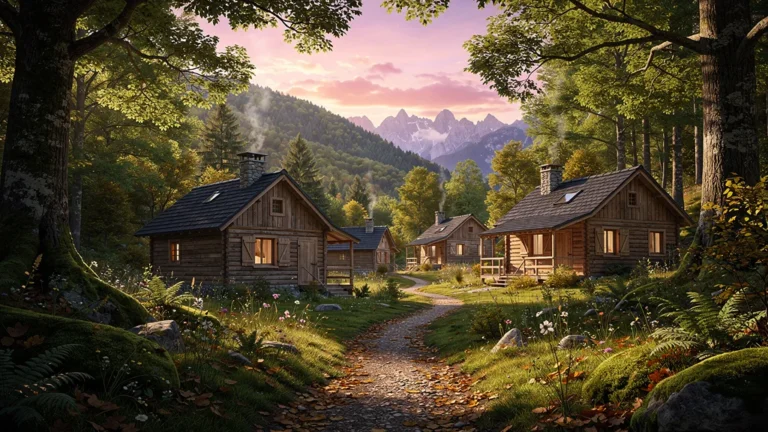 Vue hyper-réaliste des cabanes du varon au coucher du soleil dans une forêt verdoyante paisible