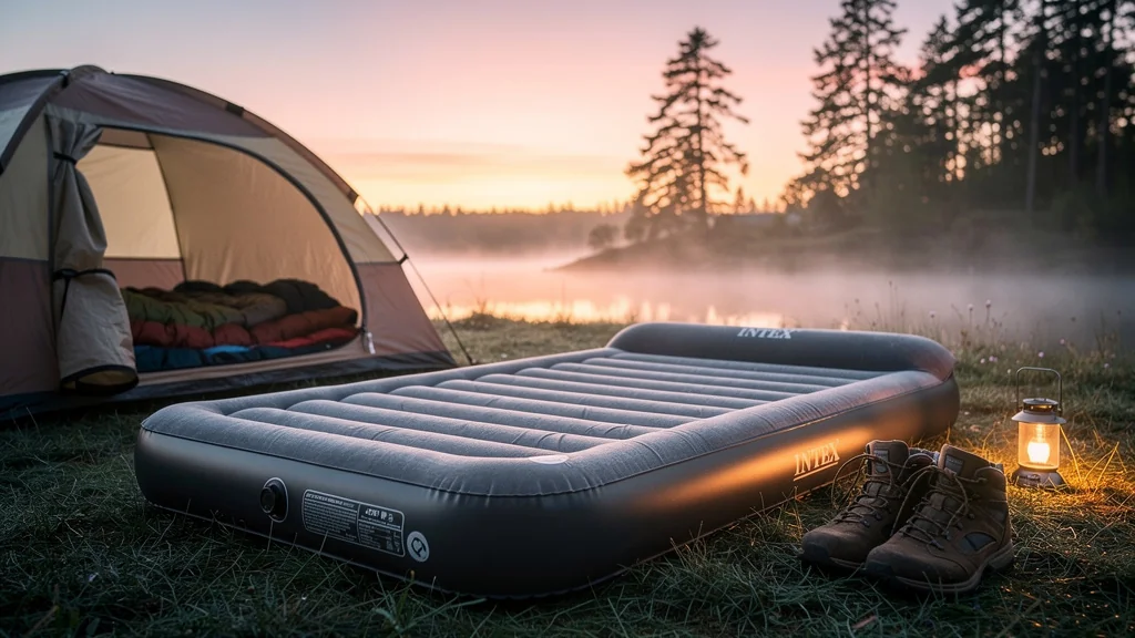 Matelas gonflable Intex 2 personnes installé dans un camping naturel au lever du jour, ambiance paisible et réaliste