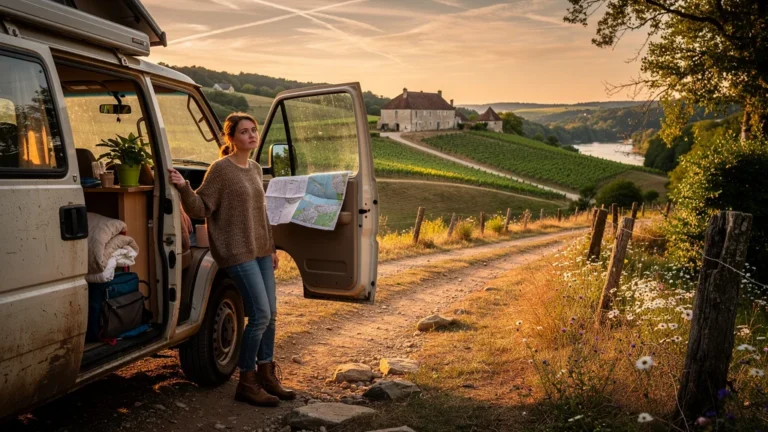 Femme en voyage van dans l'Yonne, paysage rural authentique entre défis et découvertes