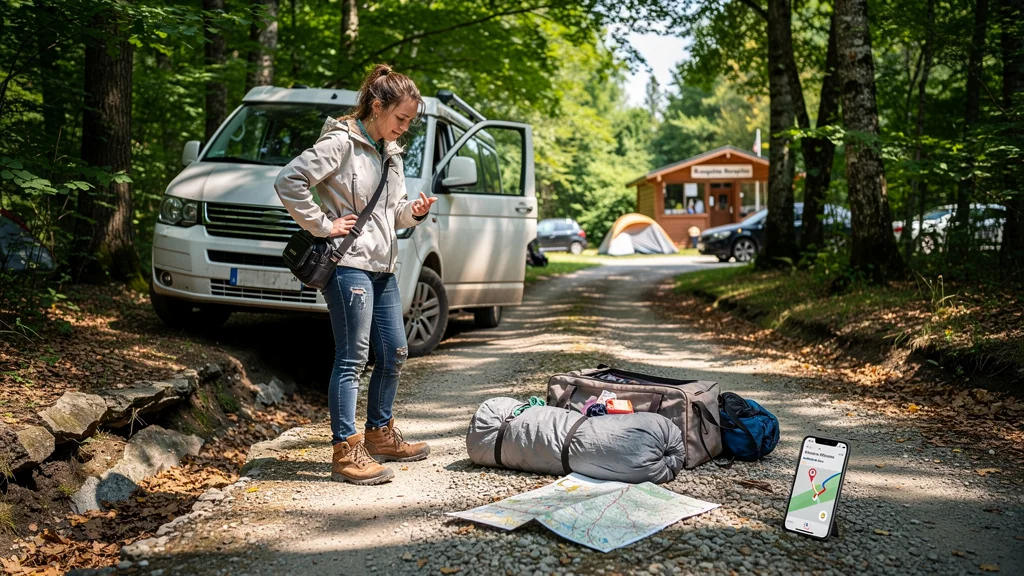 Femme frustrée devant un van coincé à l’entrée d’un camping suite à un accès non vérifié