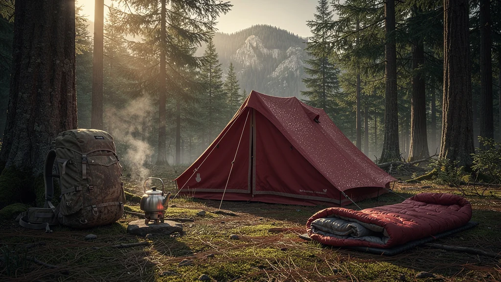 Tente canadienne rouge en forêt au lever du soleil après 3 nuits en extérieur, ambiance nature réaliste
