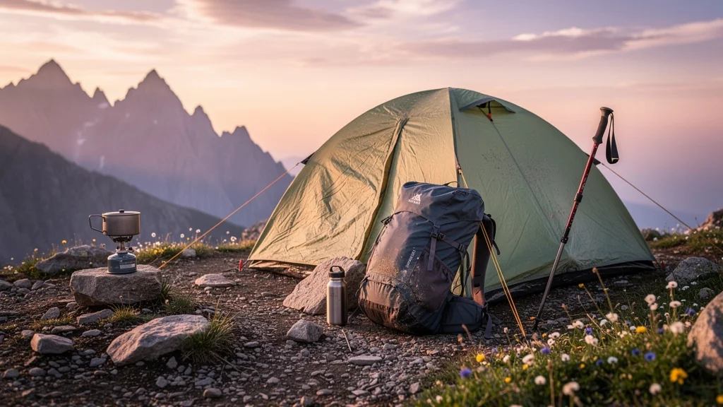 Tente de trek légère en montagne après 10 nuits, illustrant autonomie et poids mesurés en camping