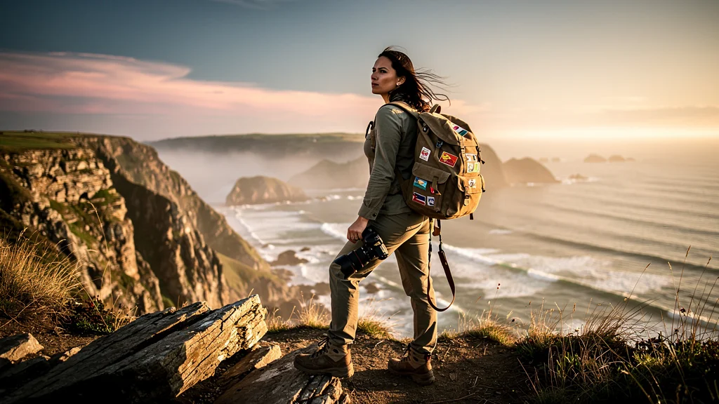 Femme voyageuse de 32 ans contemplant un paysage côtier au coucher du soleil, symbolisant le voyageur du monde