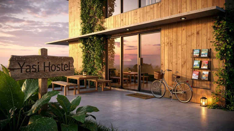 Façade lumineuse et accueillante du Yasi Hostel au coucher de soleil avec végétation tropicale