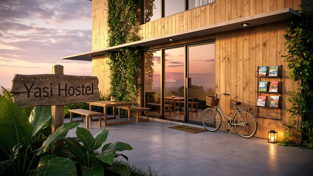 Façade lumineuse et accueillante du Yasi Hostel au coucher de soleil avec végétation tropicale